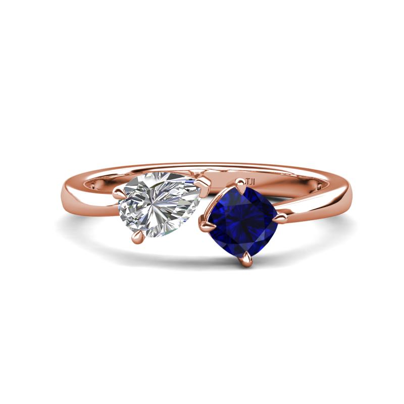 Lysha 1.56 ctw IGI Certified Lab Grown Diamond Pear Shape (7x5 mm) & Lab Created Blue Sapphire Cushion Shape (5.00 mm) Toi Et Moi Engagement Ring 