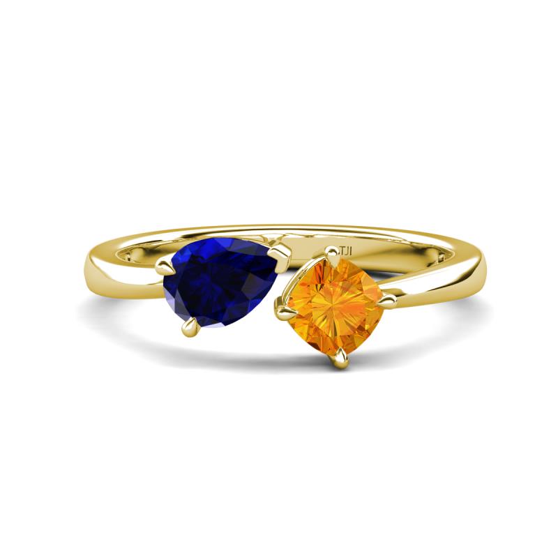 Lysha 1.40 ctw Blue Sapphire Pear Shape (7x5 mm) & Citrine Cushion Shape (5.00 mm) Toi Et Moi Engagement Ring 