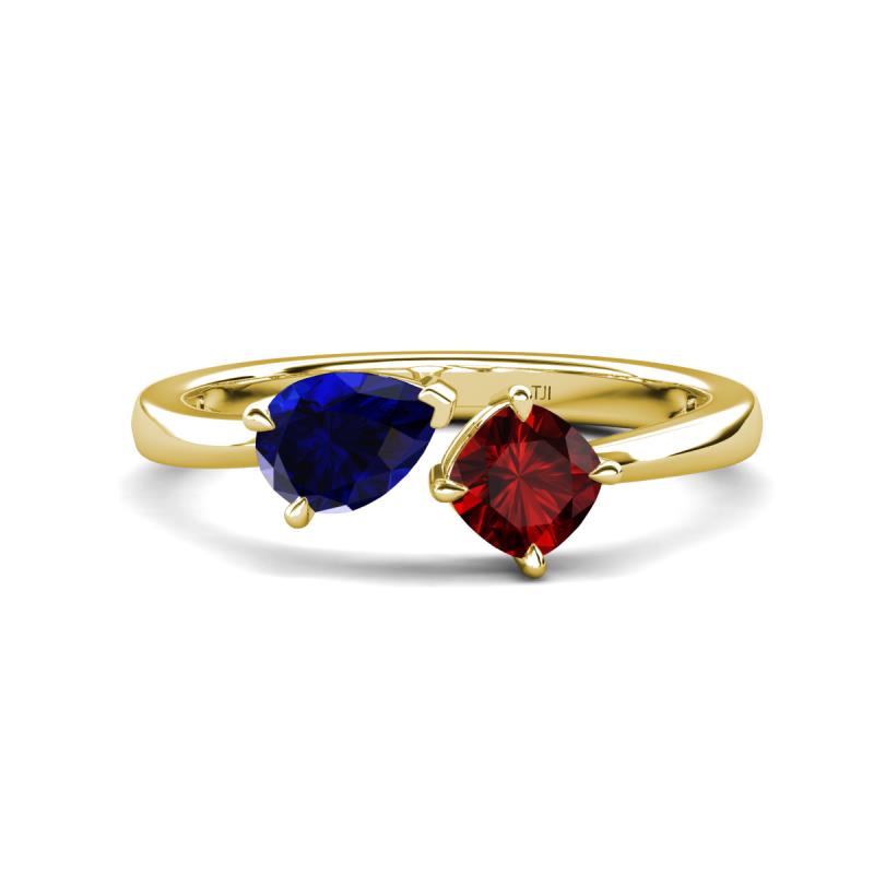 Lysha 1.65 ctw Blue Sapphire Pear Shape (7x5 mm) & Red Garnet Cushion Shape (5.00 mm) Toi Et Moi Engagement Ring 