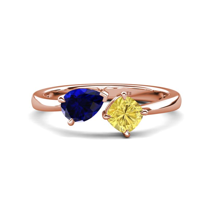 Lysha 1.71 ctw Blue Sapphire Pear Shape (7x5 mm) & Lab Created Yellow Sapphire Cushion Shape (5.00 mm) Toi Et Moi Engagement Ring 