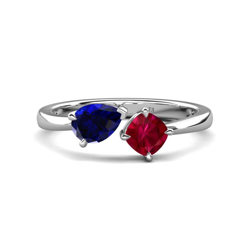 Lysha 1.71 ctw Blue Sapphire Pear Shape (7x5 mm) & Lab Created Ruby Cushion Shape (5.00 mm) Toi Et Moi Engagement Ring 