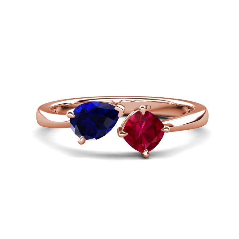 Lysha 1.71 ctw Blue Sapphire Pear Shape (7x5 mm) & Lab Created Ruby Cushion Shape (5.00 mm) Toi Et Moi Engagement Ring 