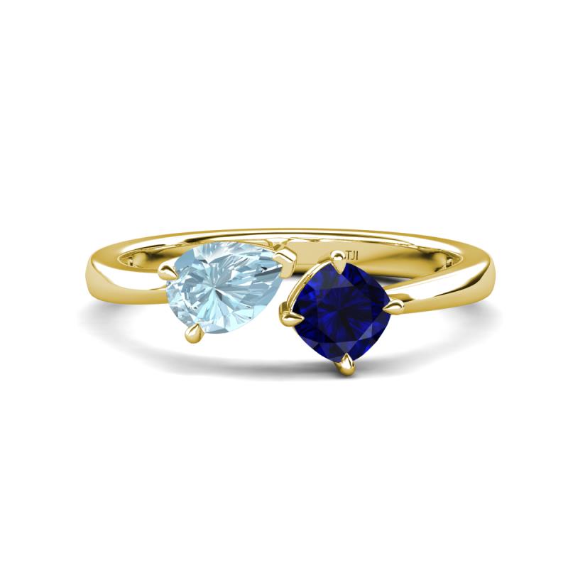 Lysha 1.41 ctw Aquamarine Pear Shape (7x5 mm) & Lab Created Blue Sapphire Cushion Shape (5.00 mm) Toi Et Moi Engagement Ring 