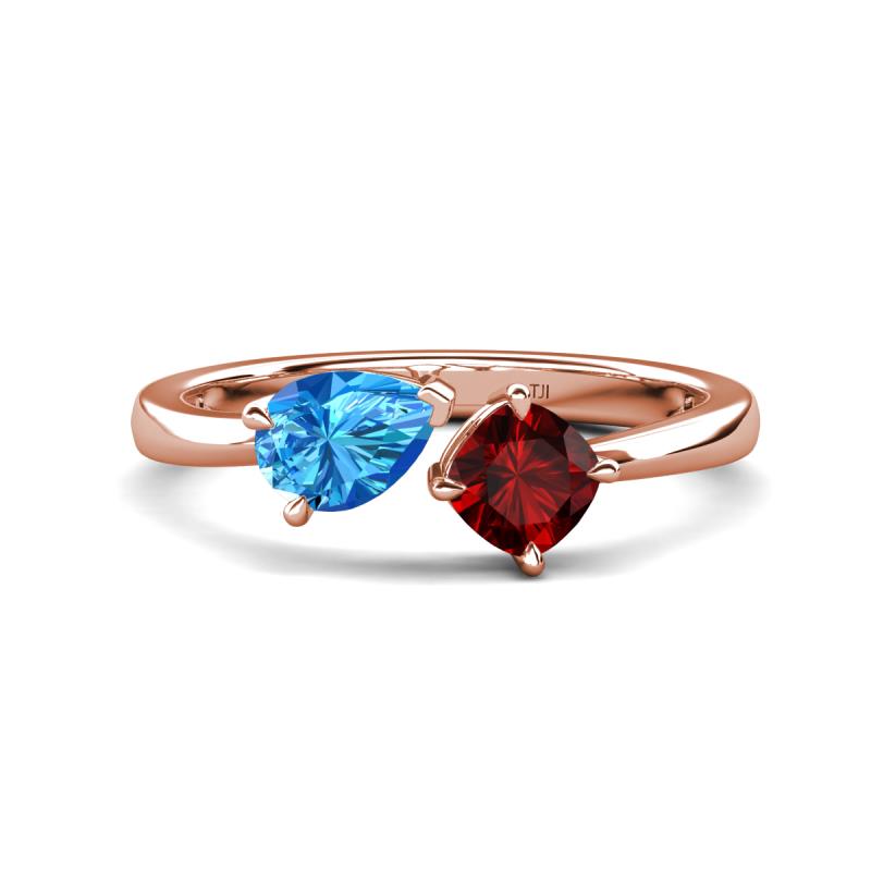 Lysha 1.60 ctw Blue Topaz Pear Shape (7x5 mm) & Red Garnet Cushion Shape (5.00 mm) Toi Et Moi Engagement Ring 