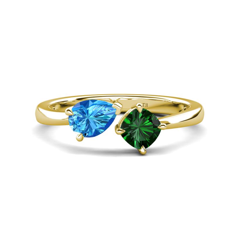 Lysha 1.40 ctw Blue Topaz Pear Shape (7x5 mm) & Lab Created Emerald Cushion Shape (5.00 mm) Toi Et Moi Engagement Ring 