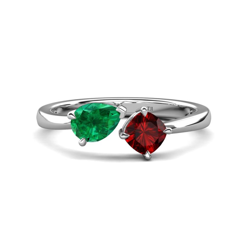 Lysha 1.55 ctw Emerald Pear Shape (7x5 mm) & Red Garnet Cushion Shape (5.00 mm) Toi Et Moi Engagement Ring 