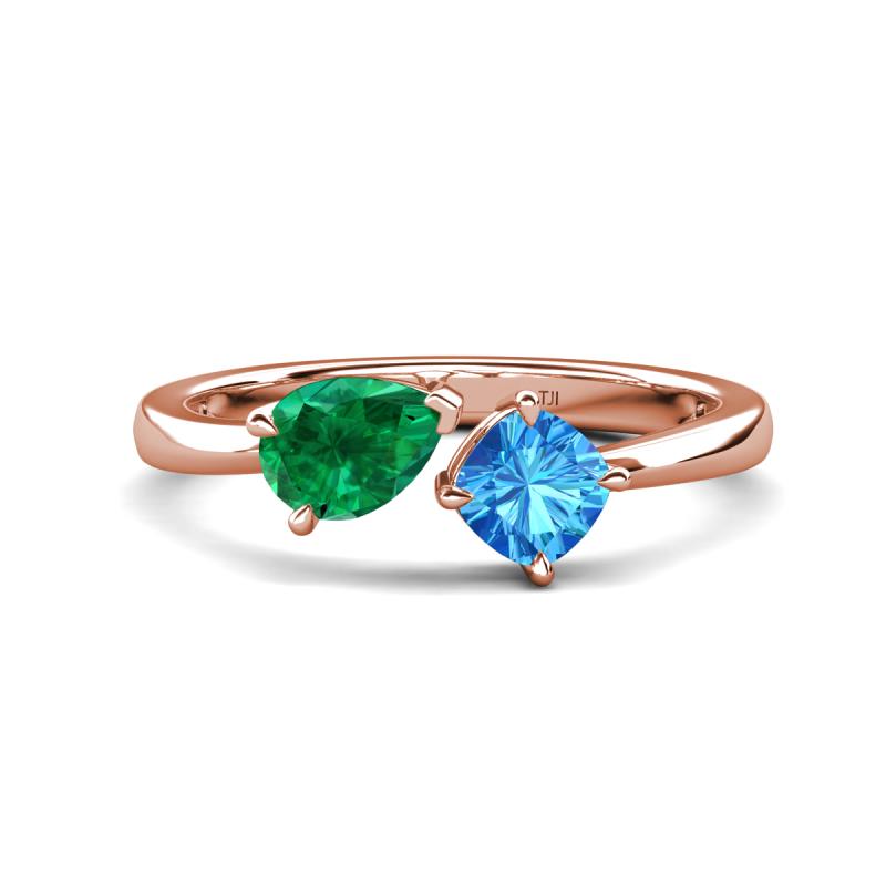 Lysha 1.55 ctw Emerald Pear Shape (7x5 mm) & Blue Topaz Cushion Shape (5.00 mm) Toi Et Moi Engagement Ring 