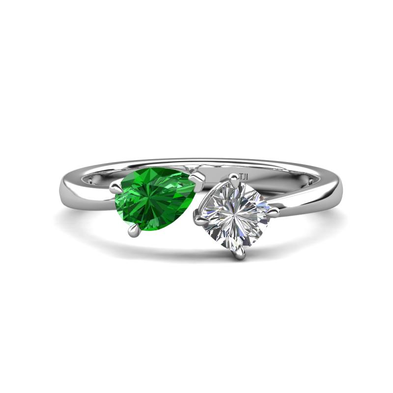 Lysha 1.37 ctw Green Garnet Pear Shape (7x5 mm) & Moissanite Cushion Shape (5.00 mm) Toi Et Moi Engagement Ring 