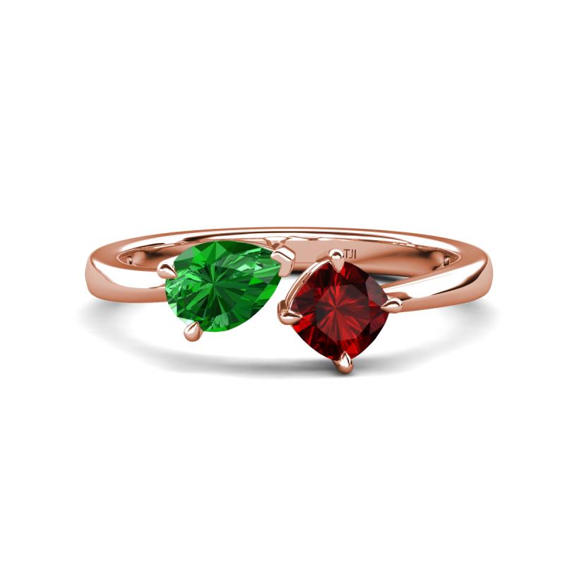Lysha 1.55 ctw Green Garnet Pear Shape (7x5 mm) & Red Garnet Cushion Shape (5.00 mm) Toi Et Moi Engagement Ring 