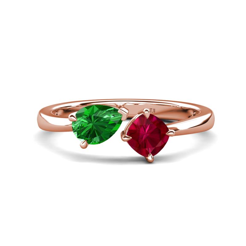 Lysha 1.61 ctw Green Garnet Pear Shape (7x5 mm) & Lab Created Ruby Cushion Shape (5.00 mm) Toi Et Moi Engagement Ring 