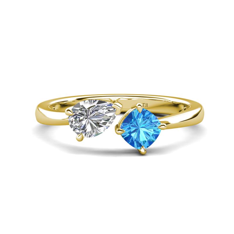 Lysha 1.50 ctw IGI Certified Lab Grown Diamond Pear Shape (7x5 mm) & Blue Topaz Cushion Shape (5.00 mm) Toi Et Moi Engagement Ring 