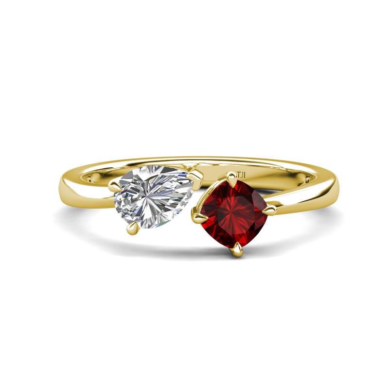 Lysha 1.50 ctw IGI Certified Lab Grown Diamond Pear Shape (7x5 mm) & Red Garnet Cushion Shape (5.00 mm) Toi Et Moi Engagement Ring 