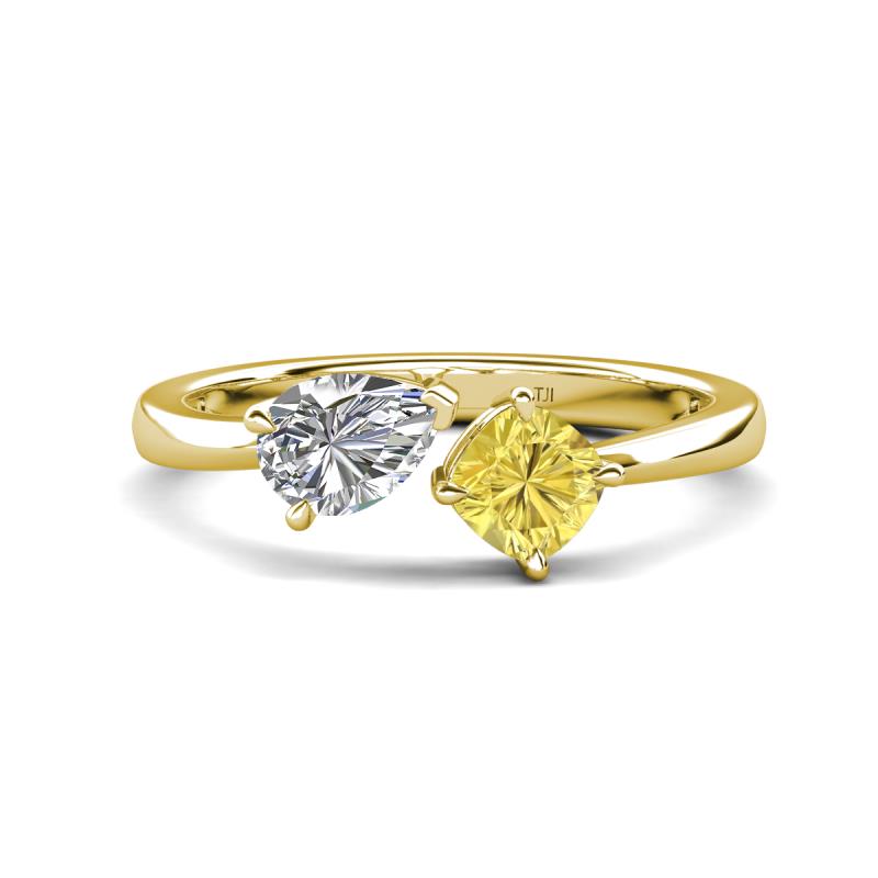 Lysha 1.56 ctw IGI Certified Lab Grown Diamond Pear Shape (7x5 mm) & Lab Created Yellow Sapphire Cushion Shape (5.00 mm) Toi Et Moi Engagement Ring 