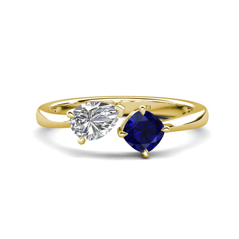 Lysha 1.61 ctw GIA Certified Natural Diamond Pear Shape (7x5 mm) & Lab Created Blue Sapphire Cushion Shape (5.00 mm) Toi Et Moi Engagement Ring 