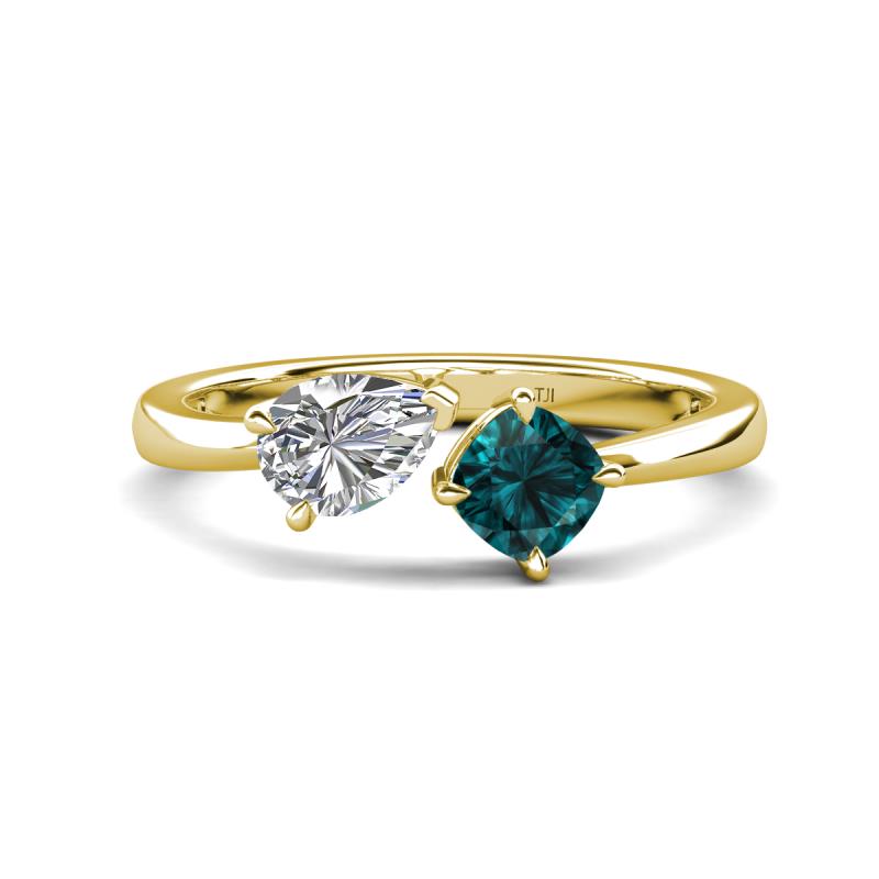 Lysha 1.55 ctw GIA Certified Natural Diamond Pear Shape (7x5 mm) & London Blue Topaz Cushion Shape (5.00 mm) Toi Et Moi Engagement Ring 