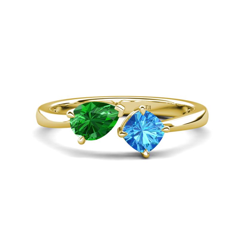 Lysha 1.55 ctw Green Garnet Pear Shape (7x5 mm) & Blue Topaz Cushion Shape (5.00 mm) Toi Et Moi Engagement Ring 