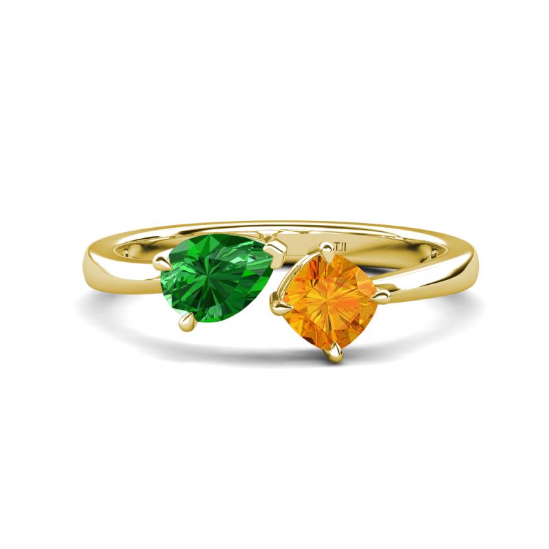 Lysha 1.30 ctw Green Garnet Pear Shape (7x5 mm) & Citrine Cushion Shape (5.00 mm) Toi Et Moi Engagement Ring 