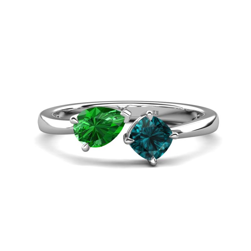 Lysha 1.55 ctw Green Garnet Pear Shape (7x5 mm) & London Blue Topaz Cushion Shape (5.00 mm) Toi Et Moi Engagement Ring 