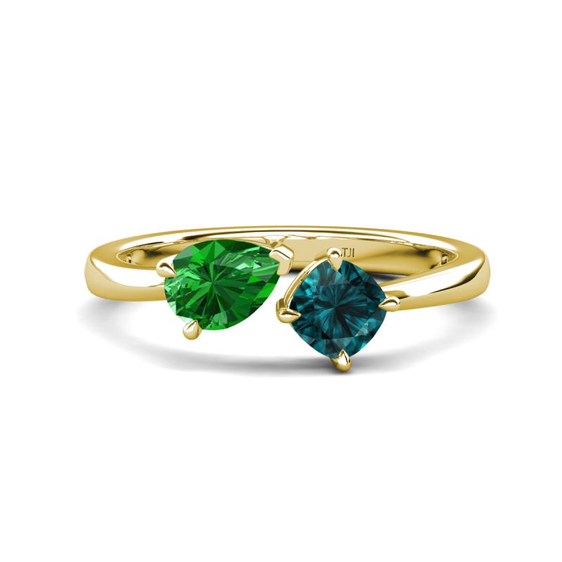 Lysha 1.55 ctw Green Garnet Pear Shape (7x5 mm) & London Blue Topaz Cushion Shape (5.00 mm) Toi Et Moi Engagement Ring 