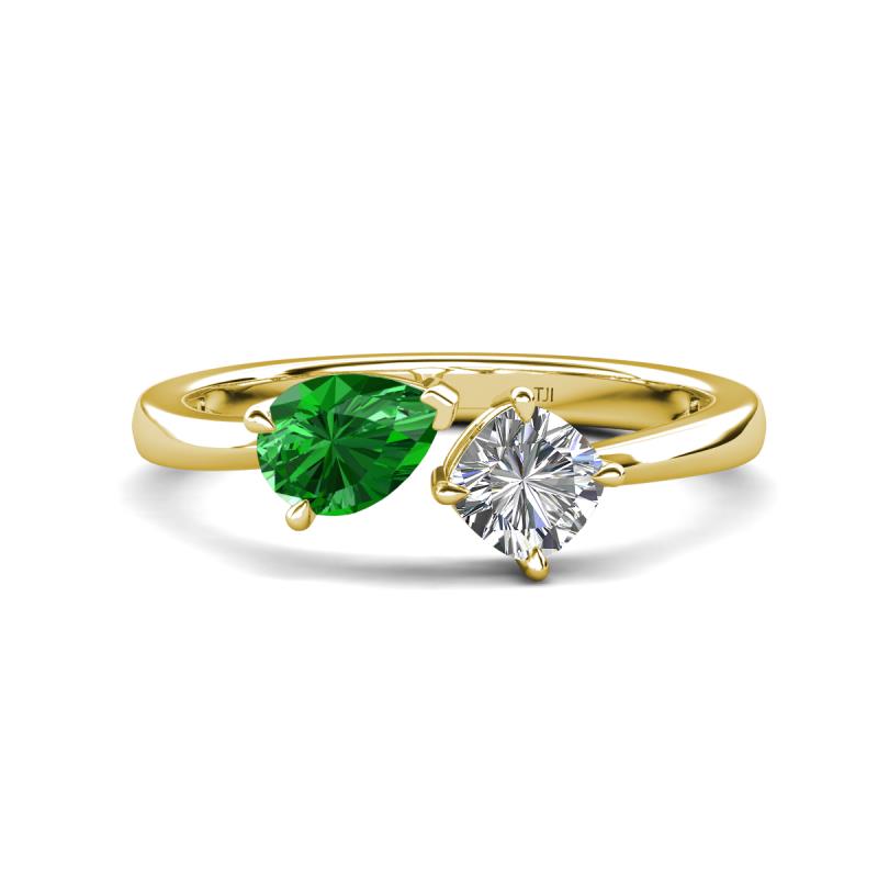 Lysha 1.37 ctw Green Garnet Pear Shape (7x5 mm) & Moissanite Cushion Shape (5.00 mm) Toi Et Moi Engagement Ring 