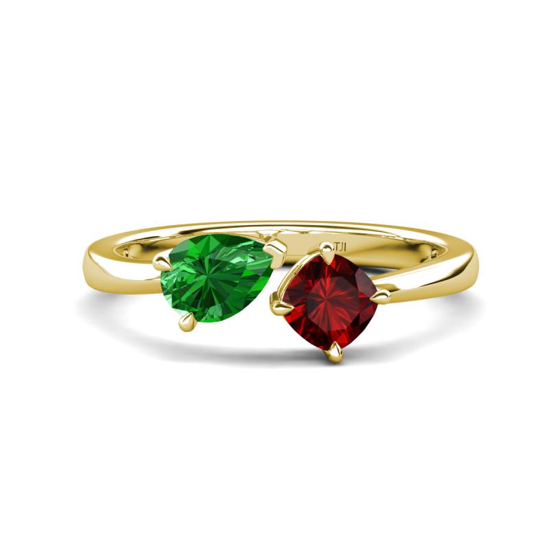 Lysha 1.55 ctw Green Garnet Pear Shape (7x5 mm) & Red Garnet Cushion Shape (5.00 mm) Toi Et Moi Engagement Ring 