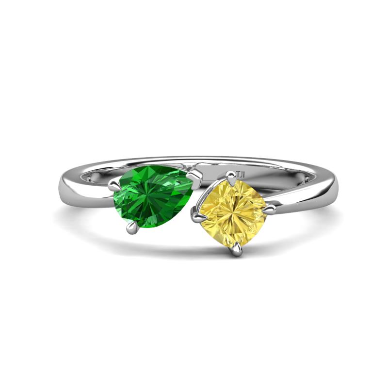 Lysha 1.61 ctw Green Garnet Pear Shape (7x5 mm) & Lab Created Yellow Sapphire Cushion Shape (5.00 mm) Toi Et Moi Engagement Ring 