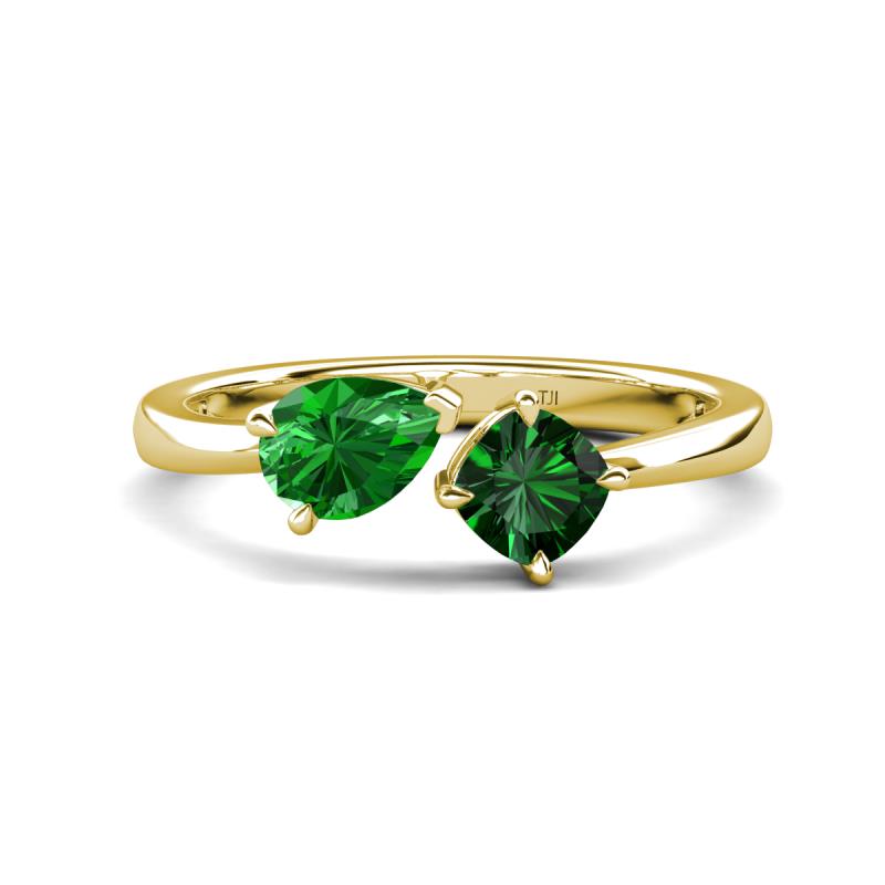 Lysha 1.35 ctw Green Garnet Pear Shape (7x5 mm) & Lab Created Emerald Cushion Shape (5.00 mm) Toi Et Moi Engagement Ring 