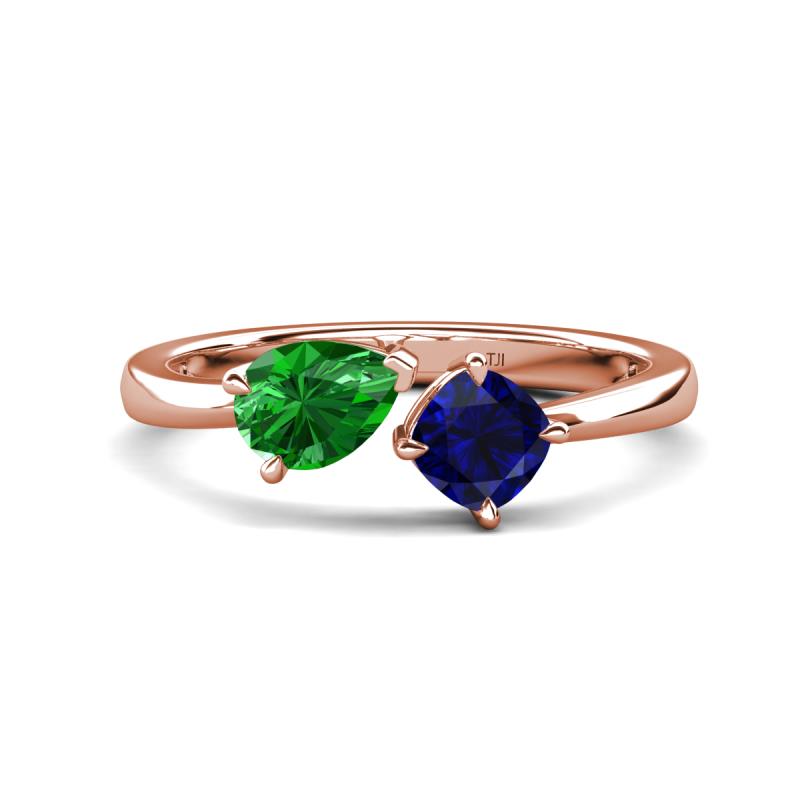 Lysha 1.61 ctw Green Garnet Pear Shape (7x5 mm) & Lab Created Blue Sapphire Cushion Shape (5.00 mm) Toi Et Moi Engagement Ring 