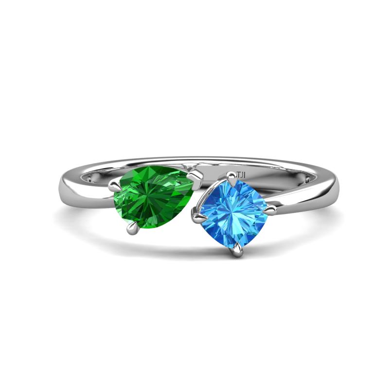 Lysha 1.55 ctw Green Garnet Pear Shape (7x5 mm) & Blue Topaz Cushion Shape (5.00 mm) Toi Et Moi Engagement Ring 