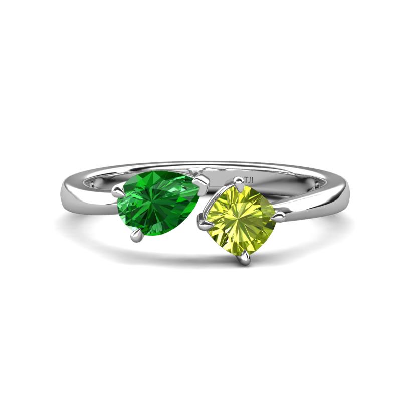 Lysha 1.45 ctw Green Garnet Pear Shape (7x5 mm) & Peridot Cushion Shape (5.00 mm) Toi Et Moi Engagement Ring 