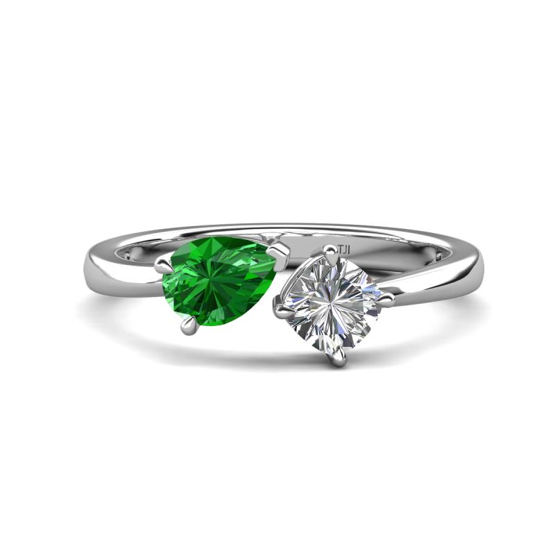 Lysha 1.30 ctw Green Garnet Pear Shape (7x5 mm) & Natural Diamond Cushion Shape (5.00 mm) Toi Et Moi Engagement Ring 