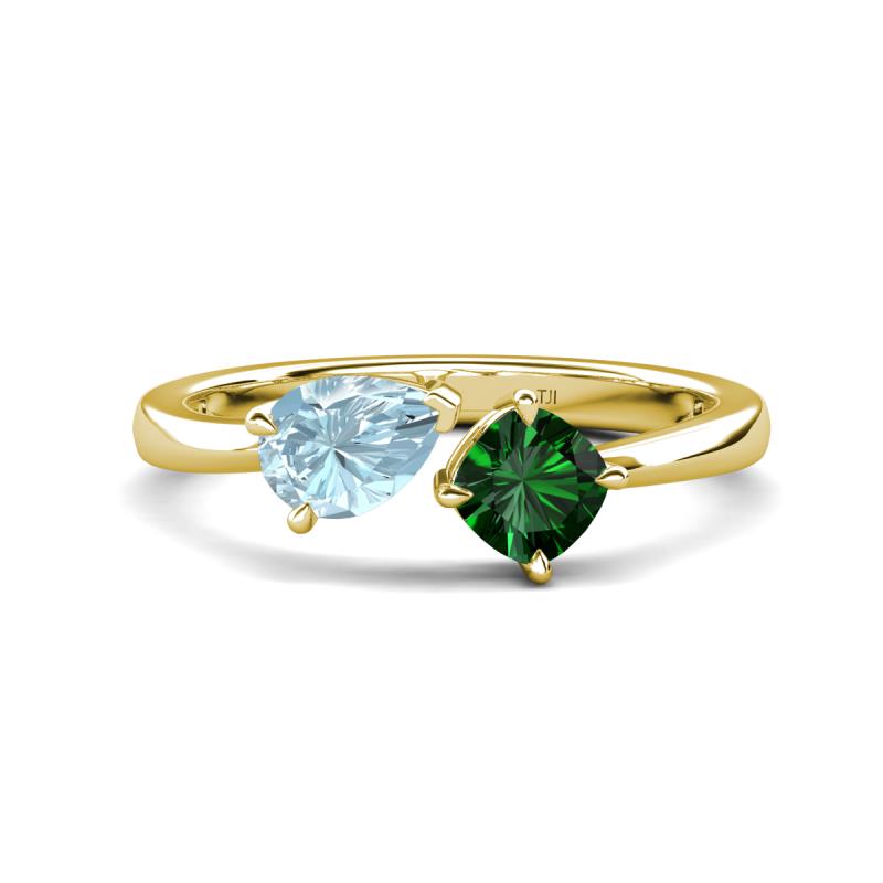 Lysha 1.15 ctw Aquamarine Pear Shape (7x5 mm) & Lab Created Emerald Cushion Shape (5.00 mm) Toi Et Moi Engagement Ring 