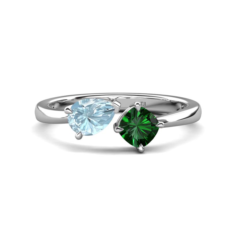 Lysha 1.15 ctw Aquamarine Pear Shape (7x5 mm) & Lab Created Emerald Cushion Shape (5.00 mm) Toi Et Moi Engagement Ring 