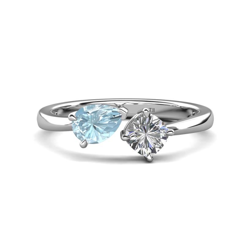 Lysha 1.10 ctw Aquamarine Pear Shape (7x5 mm) & Natural Diamond Cushion Shape (5.00 mm) Toi Et Moi Engagement Ring 