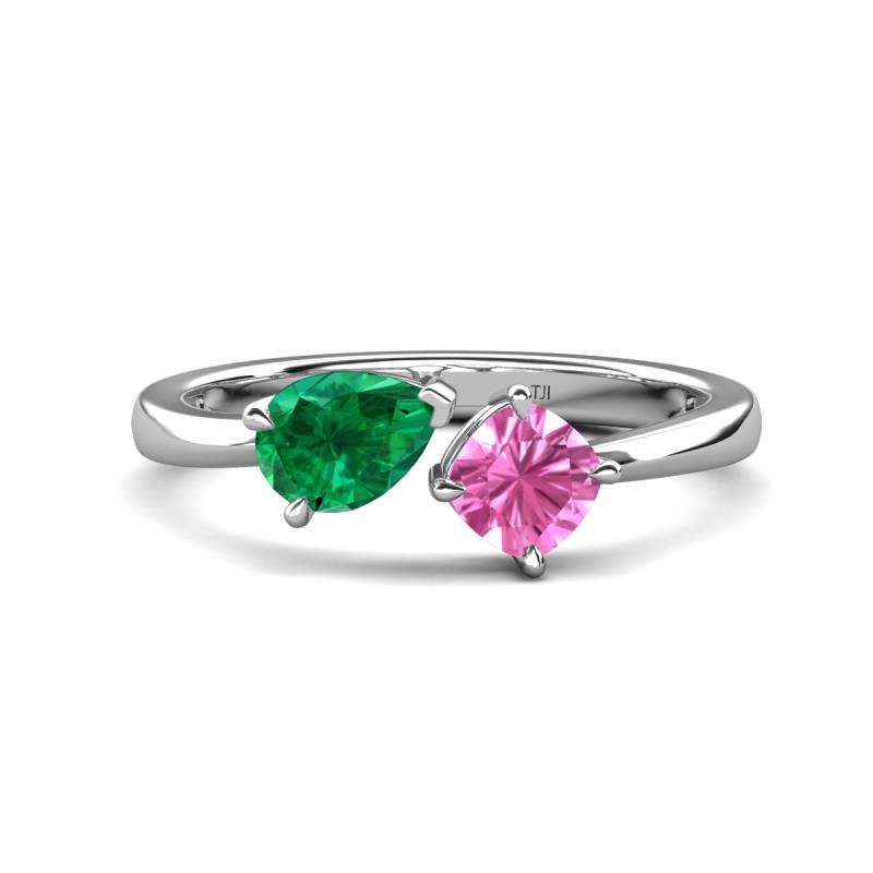 Lysha 1.61 ctw Emerald Pear Shape (7x5 mm) & Lab Created Pink Sapphire Cushion Shape (5.00 mm) Toi Et Moi Engagement Ring 