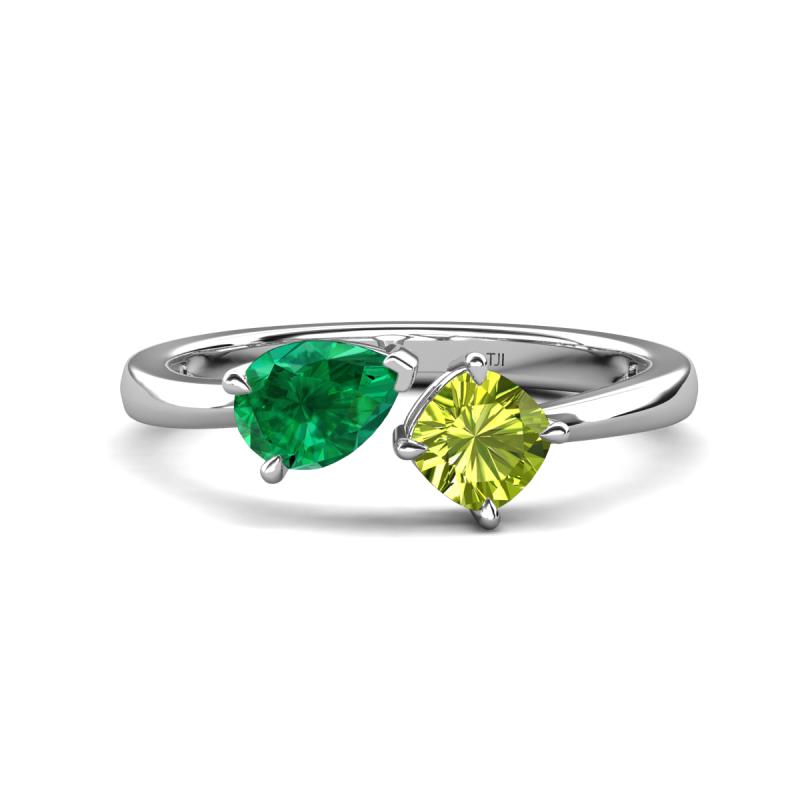 Lysha 1.45 ctw Emerald Pear Shape (7x5 mm) & Peridot Cushion Shape (5.00 mm) Toi Et Moi Engagement Ring 