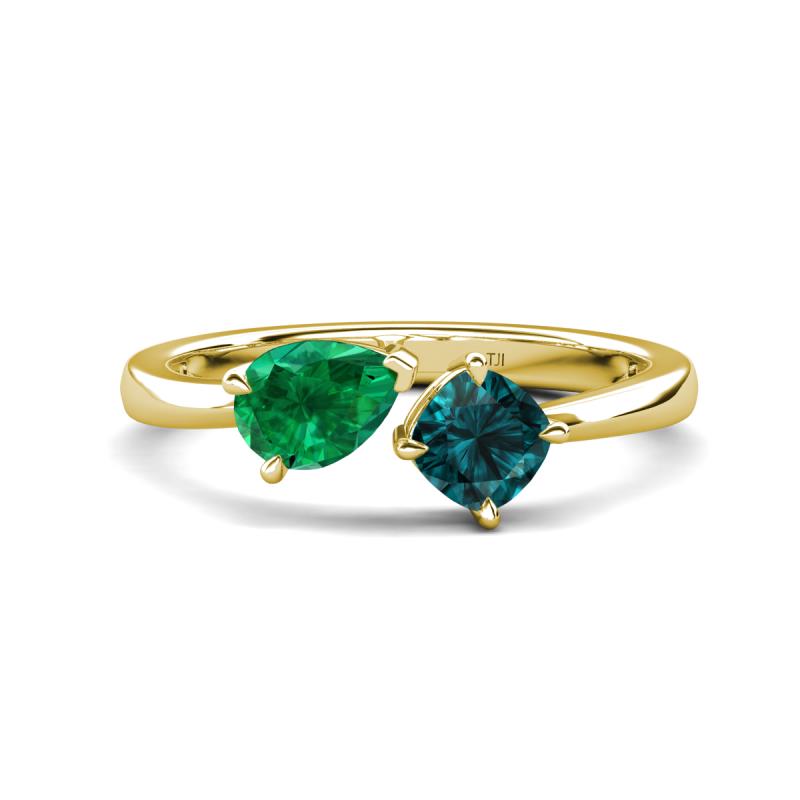 Lysha 1.55 ctw Emerald Pear Shape (7x5 mm) & London Blue Topaz Cushion Shape (5.00 mm) Toi Et Moi Engagement Ring 