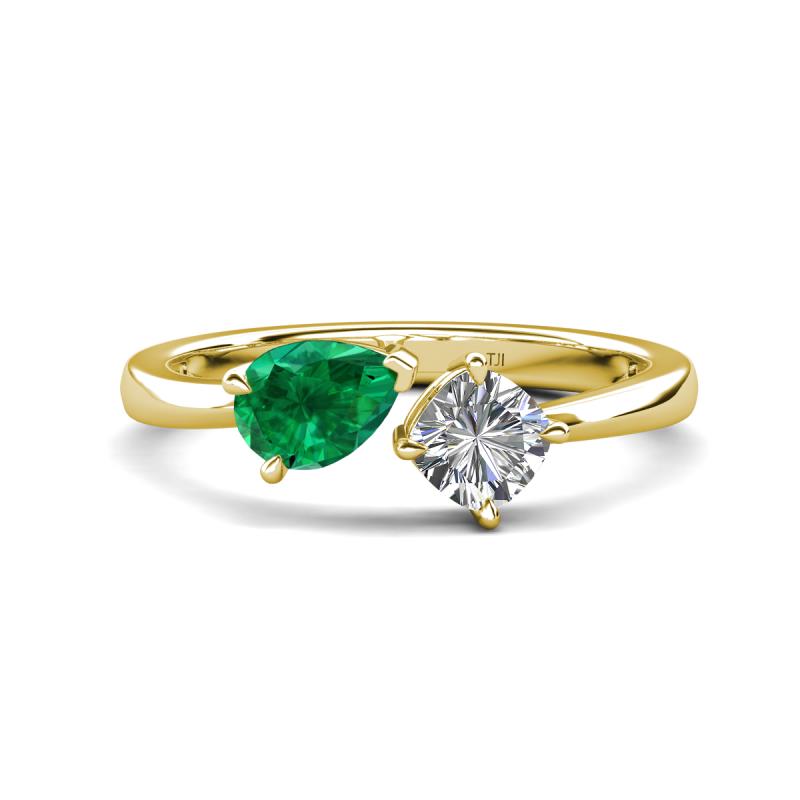 Lysha 1.37 ctw Emerald Pear Shape (7x5 mm) & Moissanite Cushion Shape (5.00 mm) Toi Et Moi Engagement Ring 