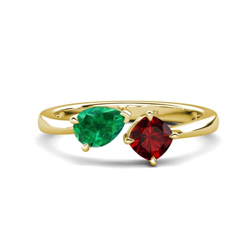 Lysha 1.55 ctw Emerald Pear Shape (7x5 mm) & Red Garnet Cushion Shape (5.00 mm) Toi Et Moi Engagement Ring 