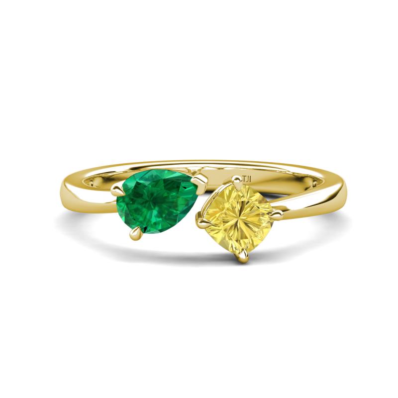 Lysha 1.61 ctw Emerald Pear Shape (7x5 mm) & Lab Created Yellow Sapphire Cushion Shape (5.00 mm) Toi Et Moi Engagement Ring 