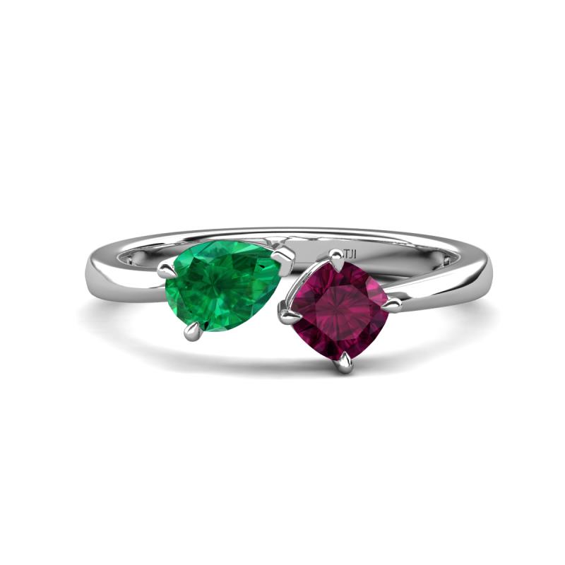 Lysha 1.42 ctw Emerald Pear Shape (7x5 mm) & Rhodolite Garnet Cushion Shape (5.00 mm) Toi Et Moi Engagement Ring 