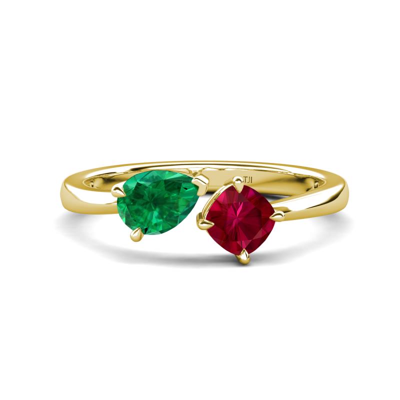 Lysha 1.61 ctw Emerald Pear Shape (7x5 mm) & Lab Created Ruby Cushion Shape (5.00 mm) Toi Et Moi Engagement Ring 