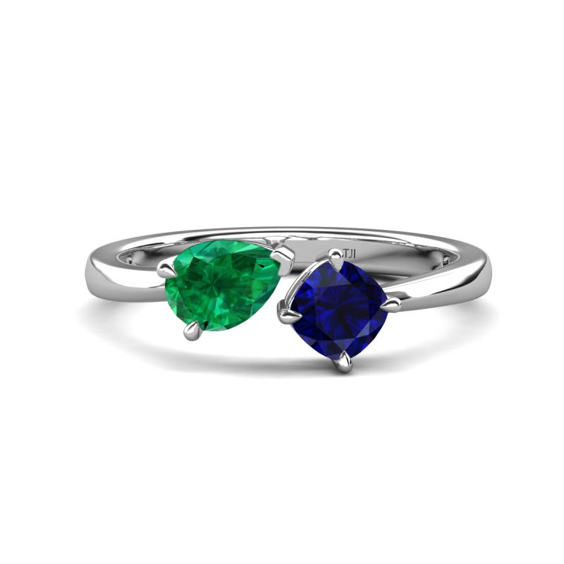 Lysha 1.61 ctw Emerald Pear Shape (7x5 mm) & Lab Created Blue Sapphire Cushion Shape (5.00 mm) Toi Et Moi Engagement Ring 