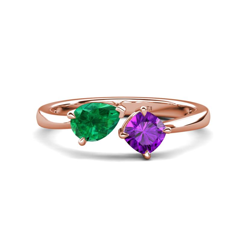 Lysha 1.30 ctw Emerald Pear Shape (7x5 mm) & Amethyst Cushion Shape (5.00 mm) Toi Et Moi Engagement Ring 