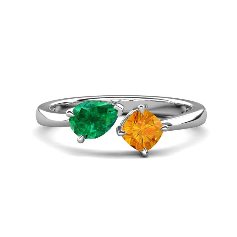 Lysha 1.30 ctw Emerald Pear Shape (7x5 mm) & Citrine Cushion Shape (5.00 mm) Toi Et Moi Engagement Ring 