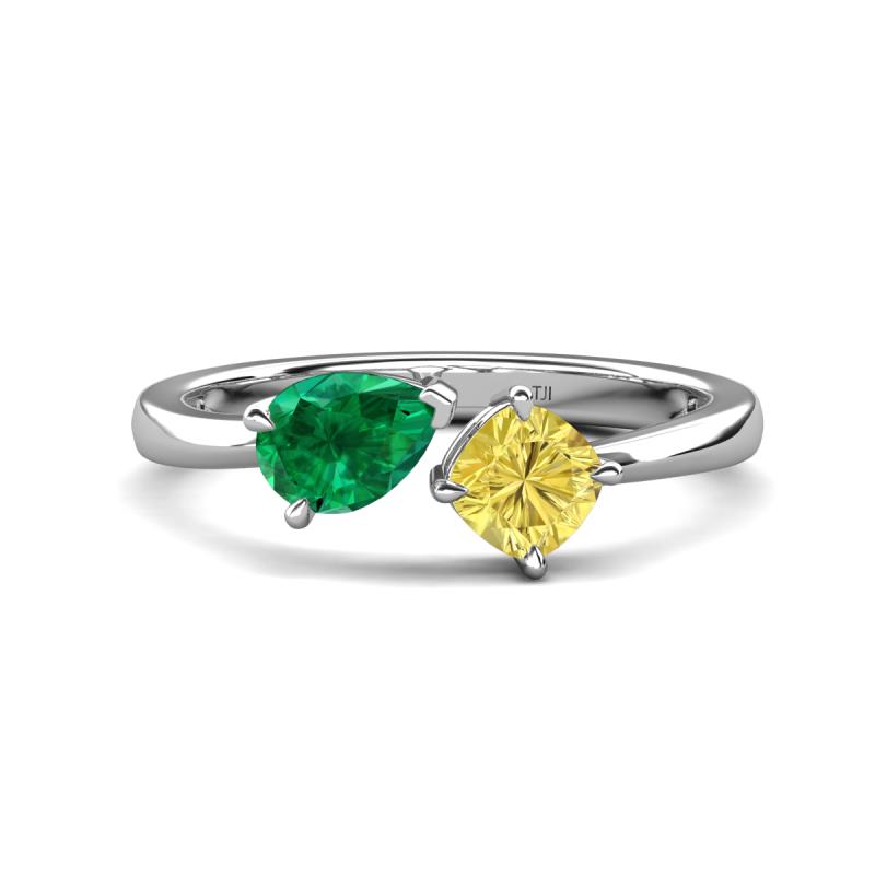 Lysha 1.61 ctw Emerald Pear Shape (7x5 mm) & Lab Created Yellow Sapphire Cushion Shape (5.00 mm) Toi Et Moi Engagement Ring 