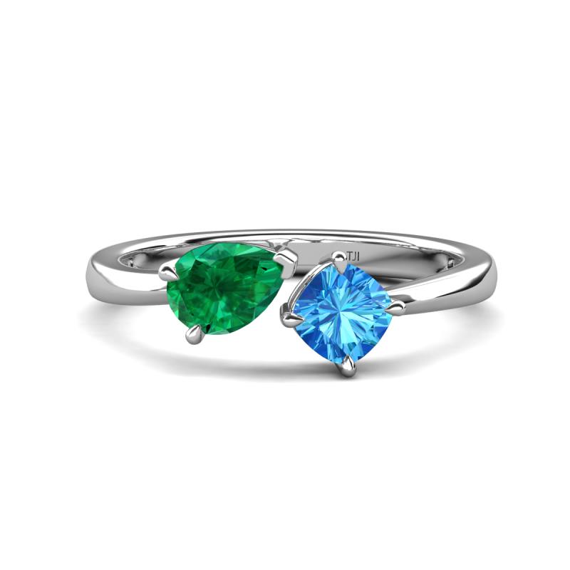 Lysha 1.55 ctw Emerald Pear Shape (7x5 mm) & Blue Topaz Cushion Shape (5.00 mm) Toi Et Moi Engagement Ring 