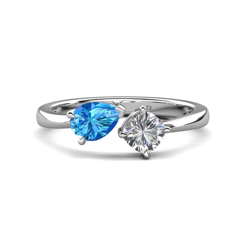 Lysha 1.42 ctw Blue Topaz Pear Shape (7x5 mm) & Moissanite Cushion Shape (5.00 mm) Toi Et Moi Engagement Ring 