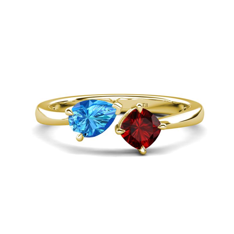 Lysha 1.60 ctw Blue Topaz Pear Shape (7x5 mm) & Red Garnet Cushion Shape (5.00 mm) Toi Et Moi Engagement Ring 