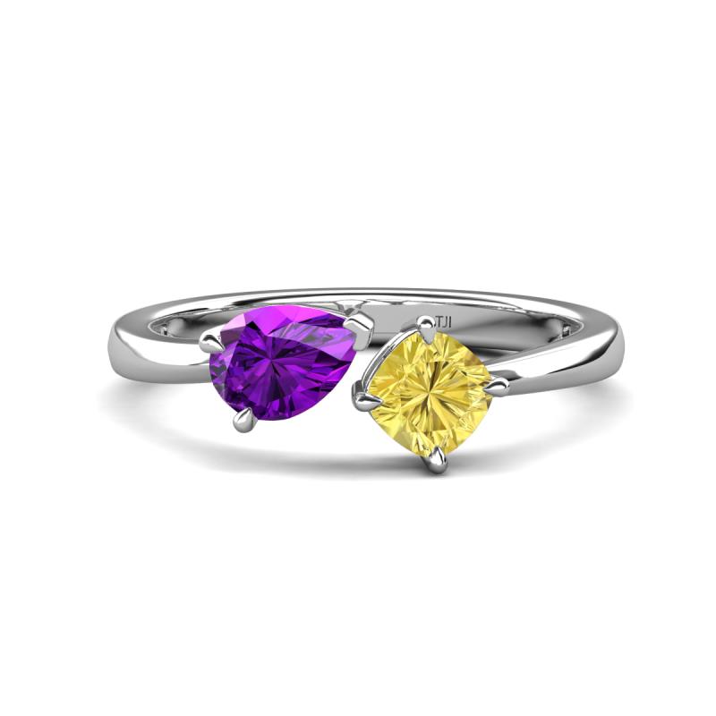 Lysha 1.46 ctw Amethyst Pear Shape (7x5 mm) & Lab Created Yellow Sapphire Cushion Shape (5.00 mm) Toi Et Moi Engagement Ring 